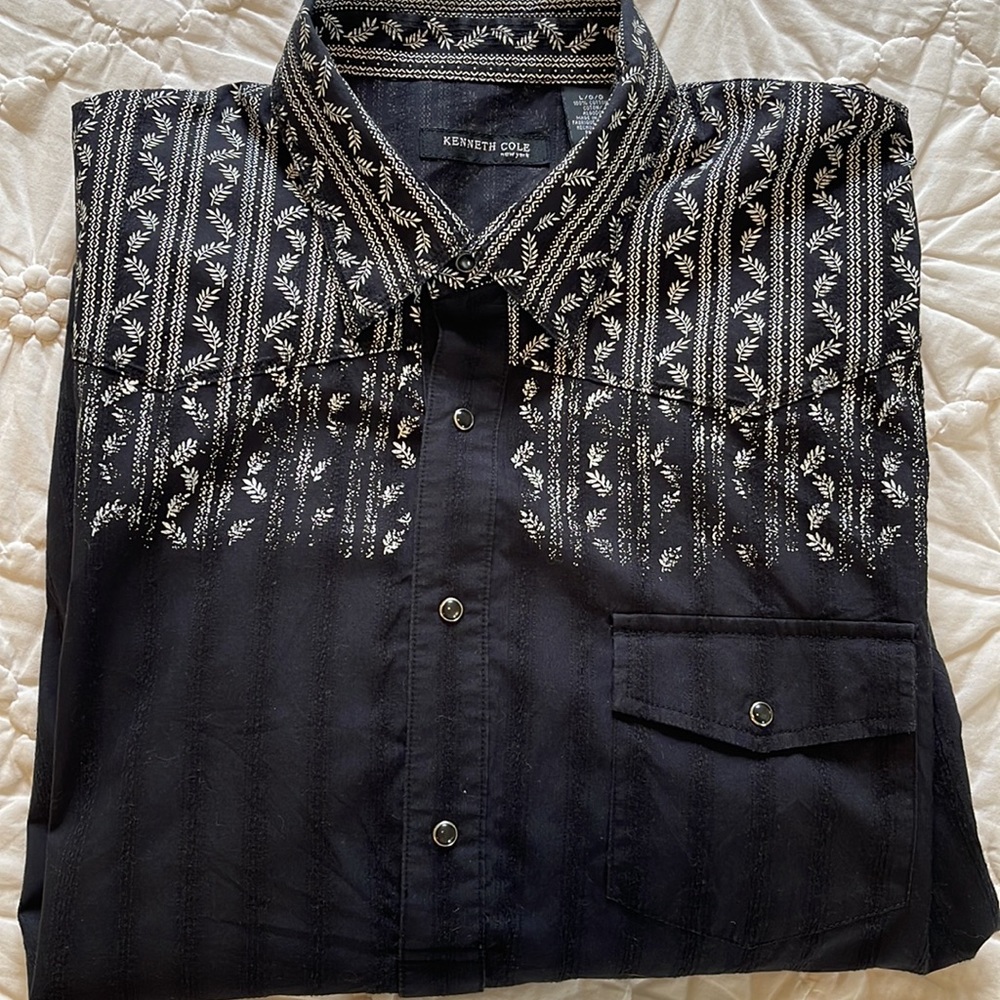 Kenneth Cole Western Style Long Sleeve Cotton Half Snap Shirt Size Large